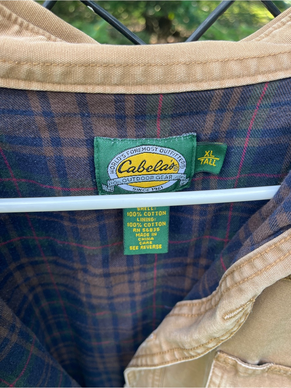 Cabela's Tan Canvas Shirt Jacket with Navy & Brown Plaid Lining
